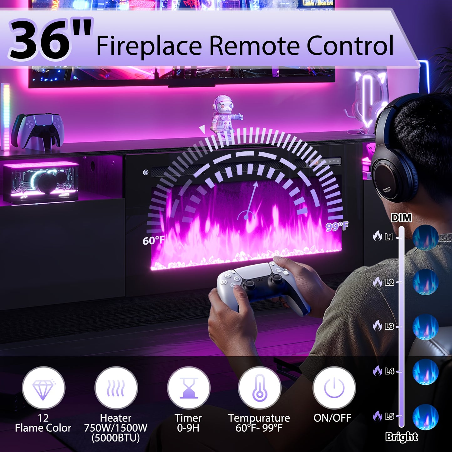 Modern Electric Fireplace TV Stand Entertainment Center with 36.3" Wall-Mounted Fireplace, 12-Color LED Lights, High-Gloss Storage Cabinet & Hardwood Construction - Fits TVs Up to 80", Energy-Efficient, Adjustable Timer