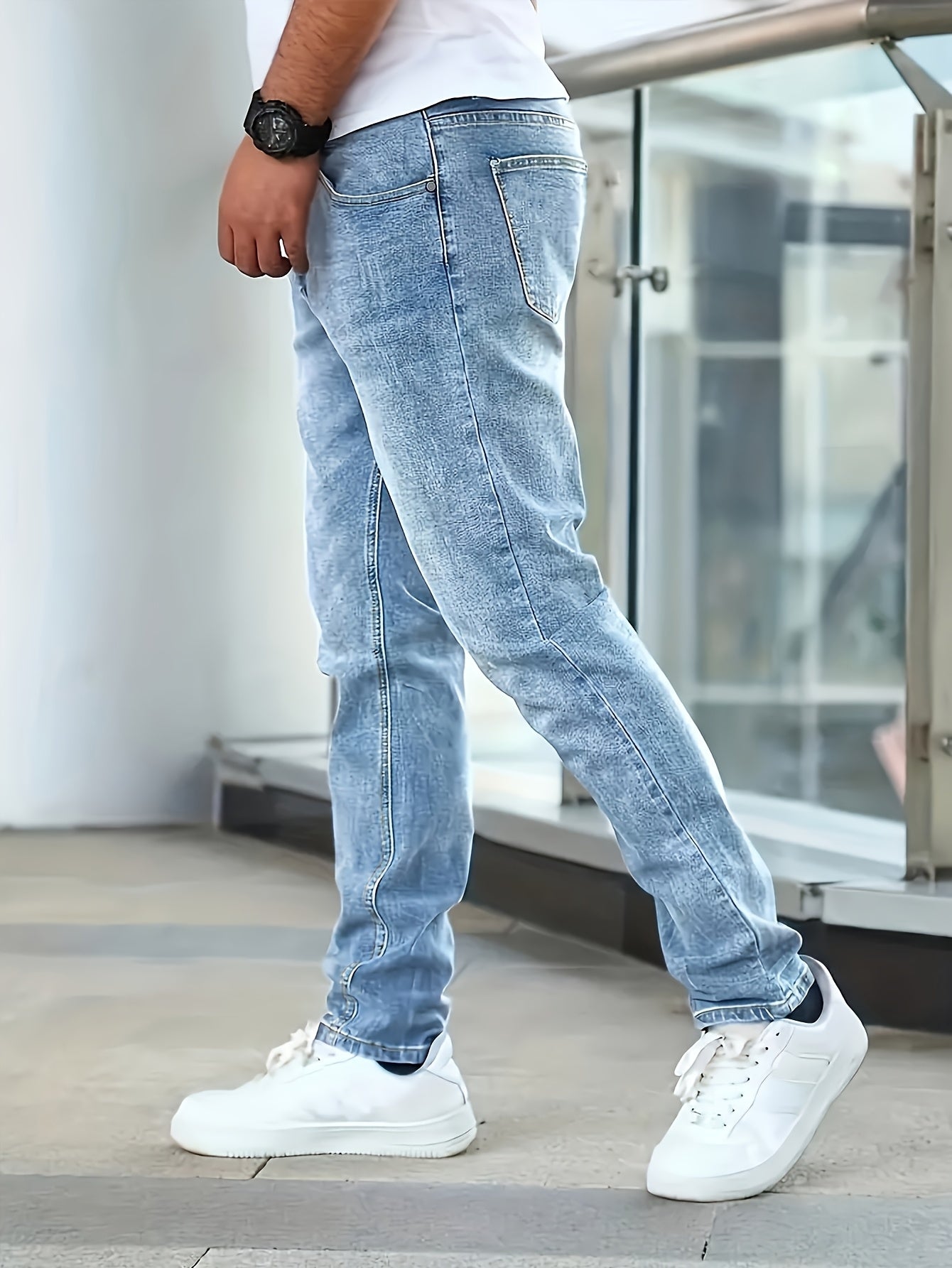 Men'S Jeans Slim Blue Stretch Men'S Simple Casual Small Straight Business Men'S Pants, Suitable For All Seasons