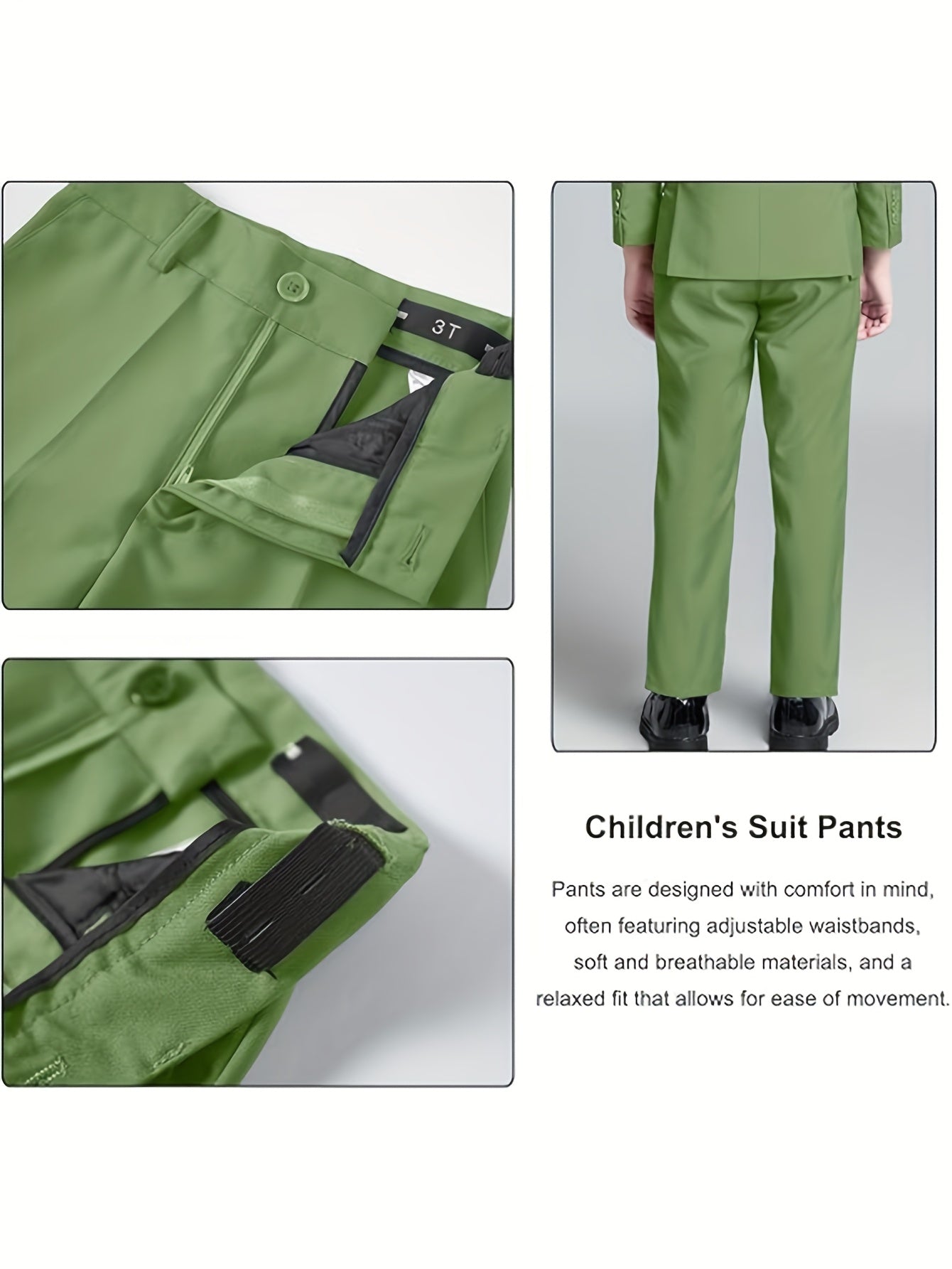 Boys' 3-Piece Suit Set: Slim-Fit Solid Green Jacket, Vest & Pants with Pockets - All-Season Formal Party Wear, Long Sleeve, Regular Sleeve Design, Formal Attire for Boys, Party Attire, Classic Lapel Collar, Durable Fabric