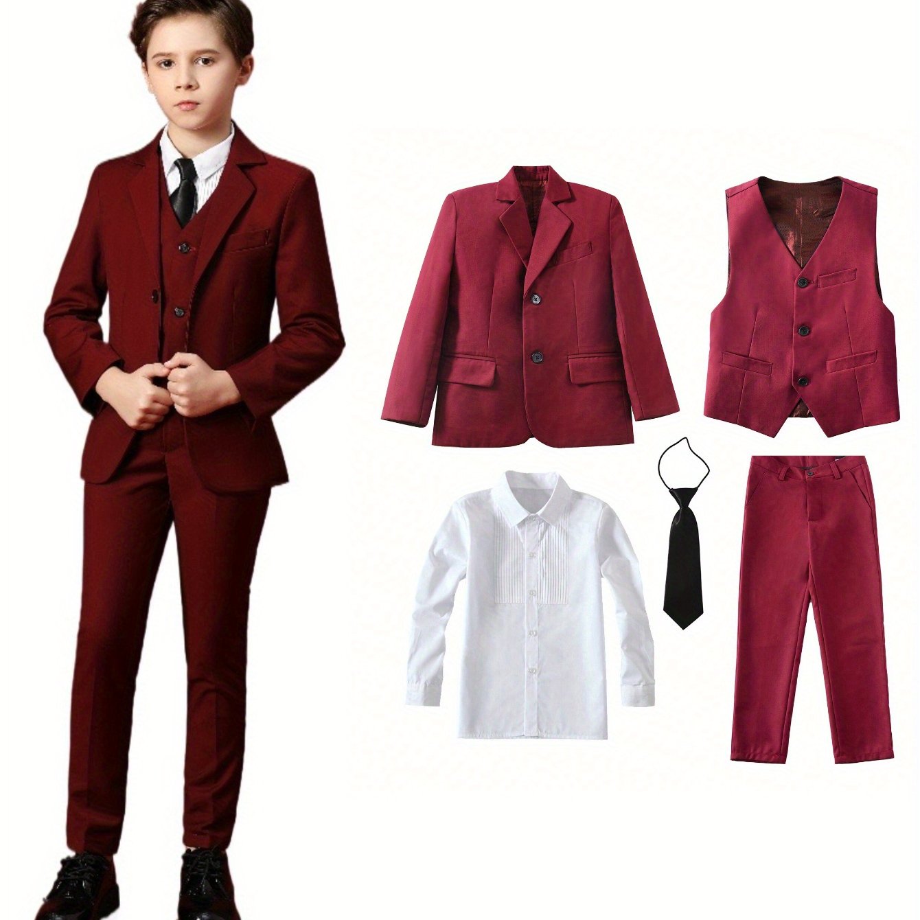 Back to School Season Boy's Formal Suit Set Slim Fit Blazer & Shirt & Pants & Vest & Tie 5pcs Set for Wedding Ring Bearer Birthday Party Speech Prom Dress Youngsters Tuexdo Outfits Black Wine Red Dark Gray, Ring Bearer Attire