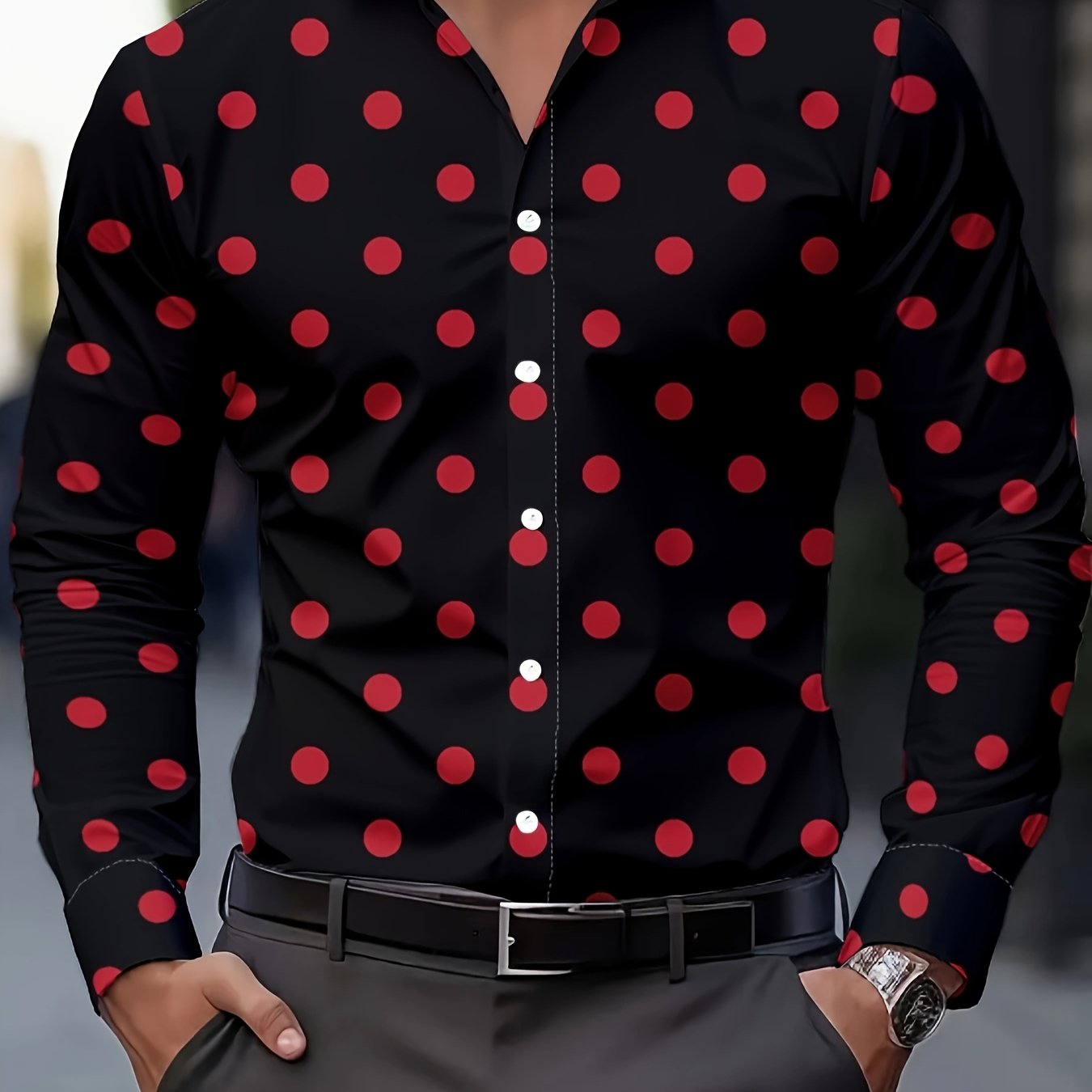 [Men's Casual Shirt] Men's Casual Shirt - Red & Black Polka Dot Print, Machine Washable Non-Elastic Fabric, Classic Button Front, Regular Fit Long Sleeve for Spring/Autumn Outdoor & Casual Wear, Seasonal Fashion, Straight Sle