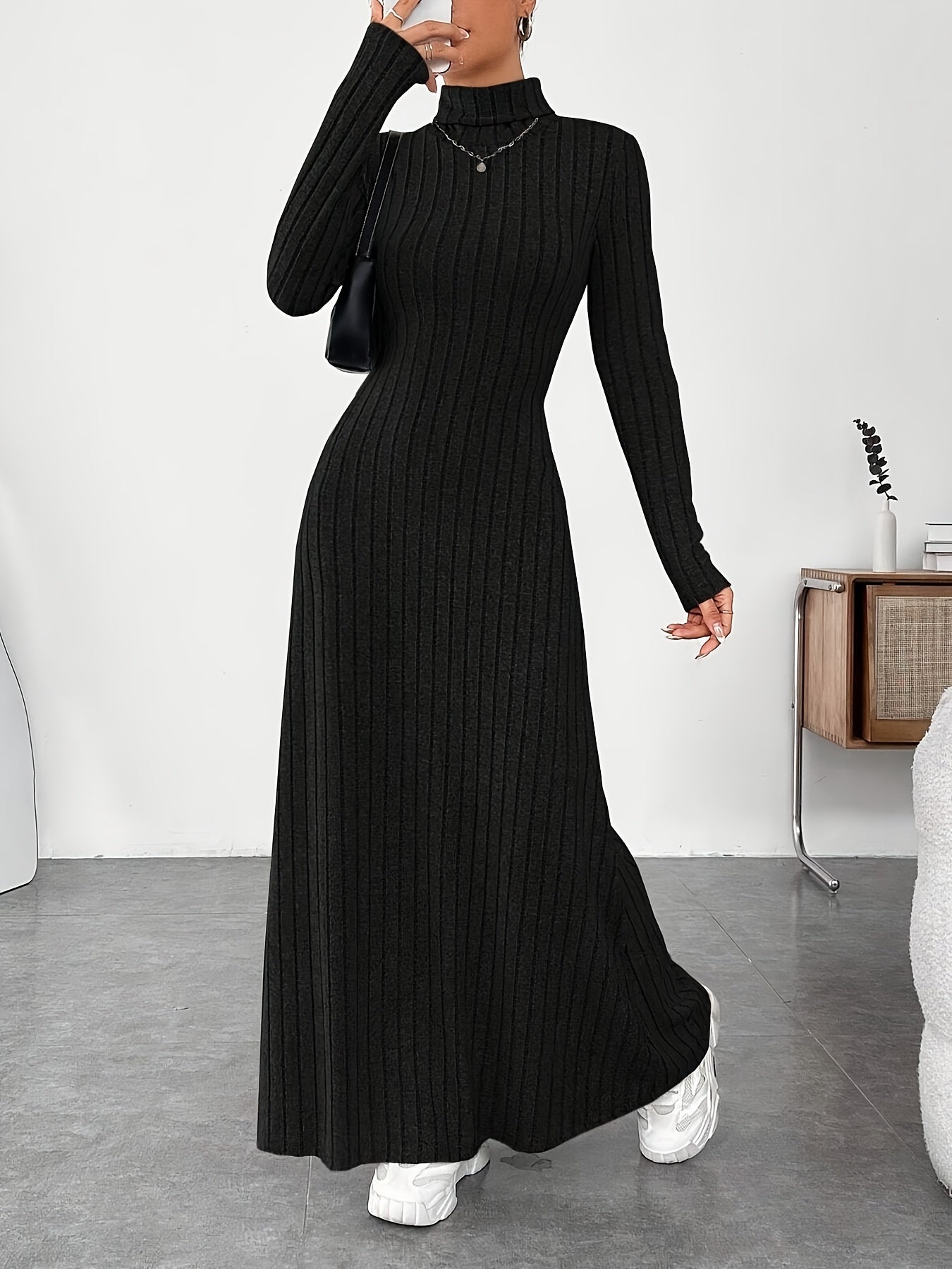 1pc Elegant High Neck Knit Dress for Women - Polyester Midi Fit and Flare with Long Sleeves, Solid Color, Skinny Fit, No Belt - Ideal for Fall/Winter Season