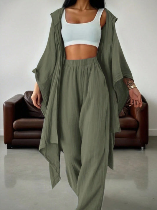 Women's Stylish Green Solid Color Loose Jacket with Comfortable Wide-Leg Pants