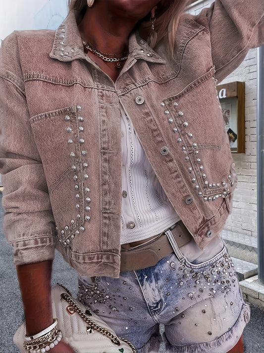 Women'S Vintage Distressed denim Jacket - Edgy Streetwear Coat with Button Front Closure, Non-Stretch Denim Layering Piece for Concerts, Festivals, Everyday Outfits - Machine Washable Retro Jacket in Classic Blue Jeans - Spri