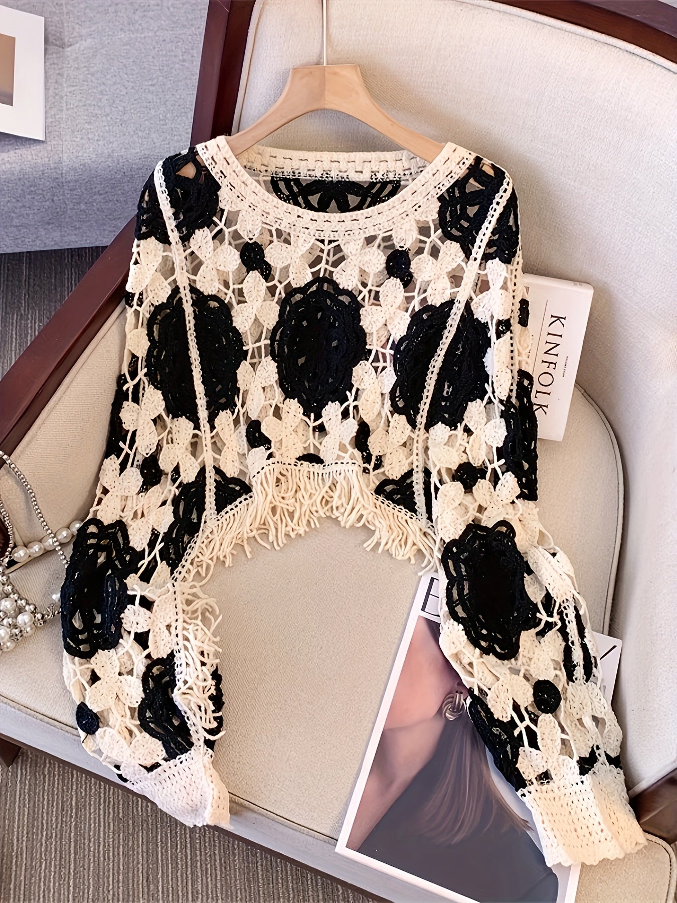 Boho Chic Cardigan Handmade Bohemian Crochet Cardigan Sweater for Women - Long Sleeve Semi-Sheer Cover-up with Ethnic Geometric Pattern in Beige/Brown, Loose Fit for Beach, Parties, Everyday - Boho Chic, Lace-like Layering