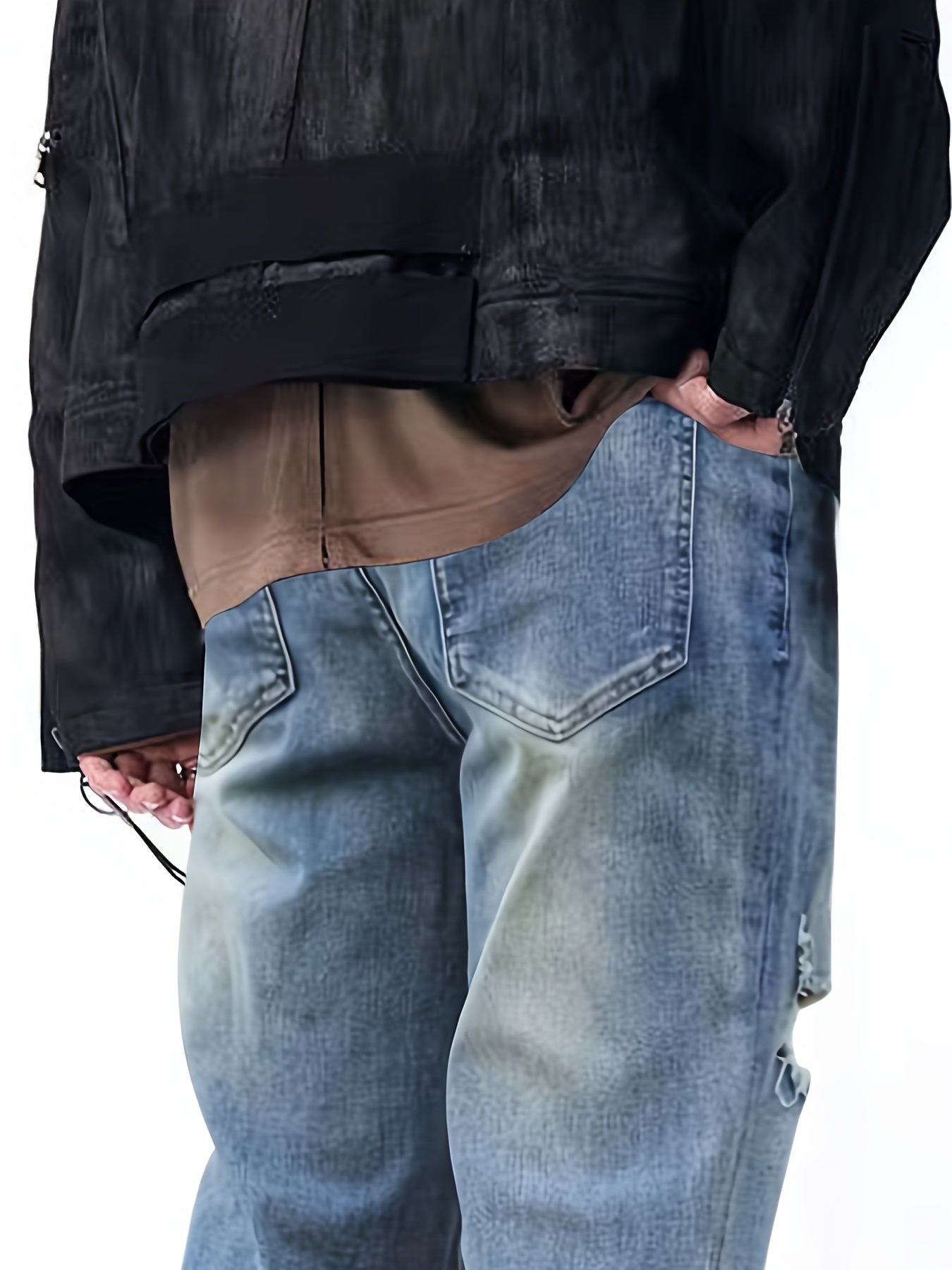 Men's Loose Straight Ripped Jeans - Men's Blue Stretch Micro Flared Pants, Leg Zipper, Washed Gradient Design, Mid to High Waist, Stylish Street Split, All-Season Jeans