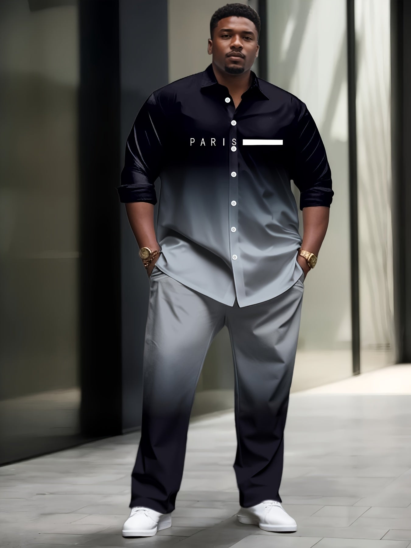 [Plus Size Suit Set] Men's Plus Size Suit - Stretch Long Sleeve Button-Up Shirt & Pants Set | Retro Geometric Check Pattern, V-Neck Lapel Design, Loose Fit for Casual & Formal Wear, Plus Size Blazers