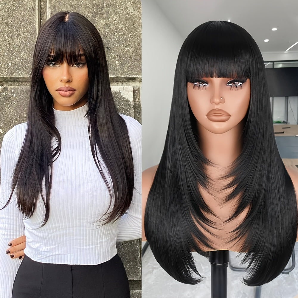 Long Straight Layered Wig with Bangs Glueless Natural Black Synthetic Bangs Wig 26 Inch Put On and Go Wigs High Temperature Fiber Pixie Cut Layered Wig for Women Daily Use