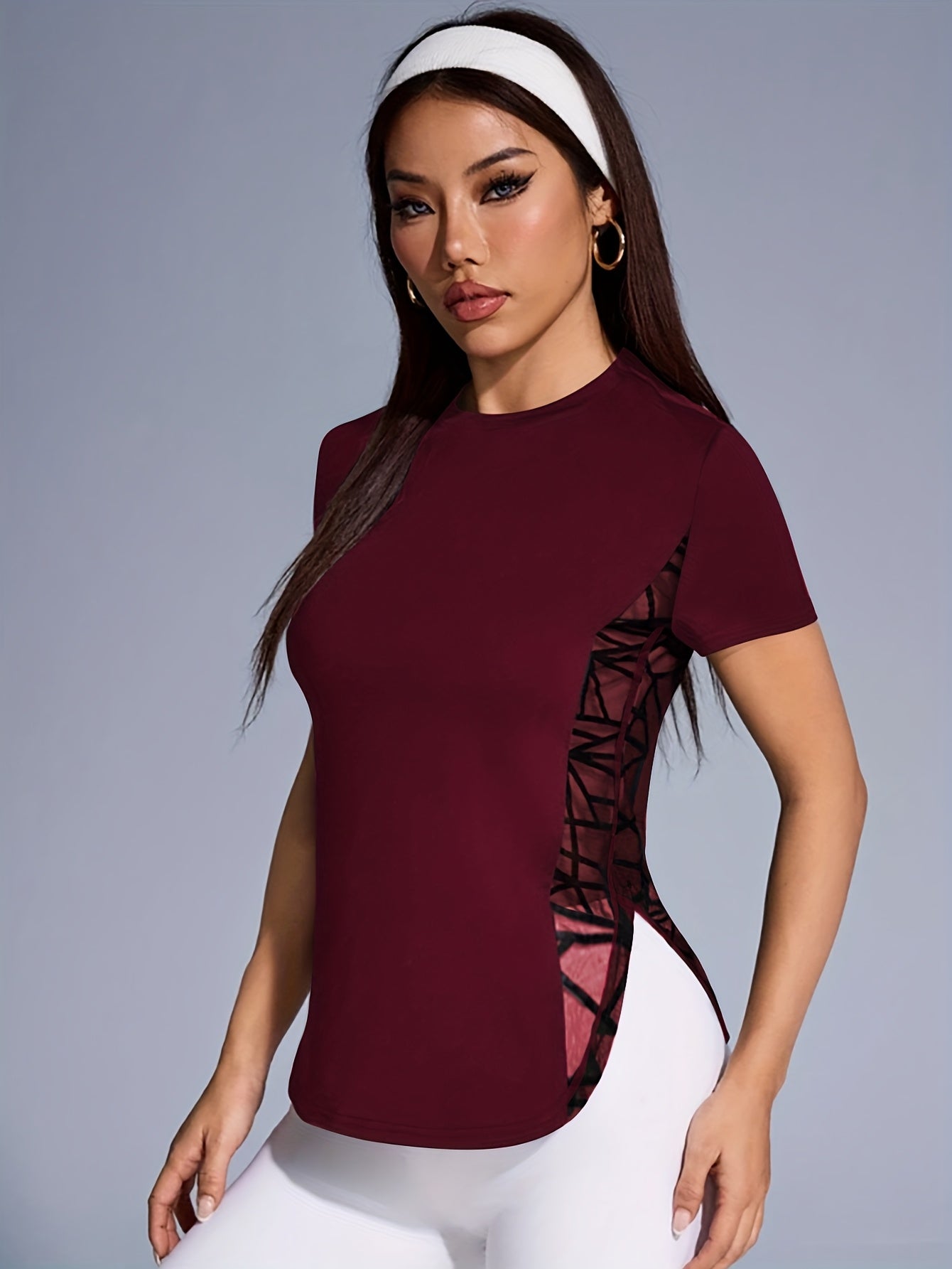 Women'S Slim Fit Short Sleeve T-Shirt with Side Mesh Panel Detail - Breathable Round Neck Top for, Casual & Party Wear, Spring/Summer Elegant Solid Color Tee, Machine Washable, Clothes, Apparel, Stylish Contrast Detailing, Co