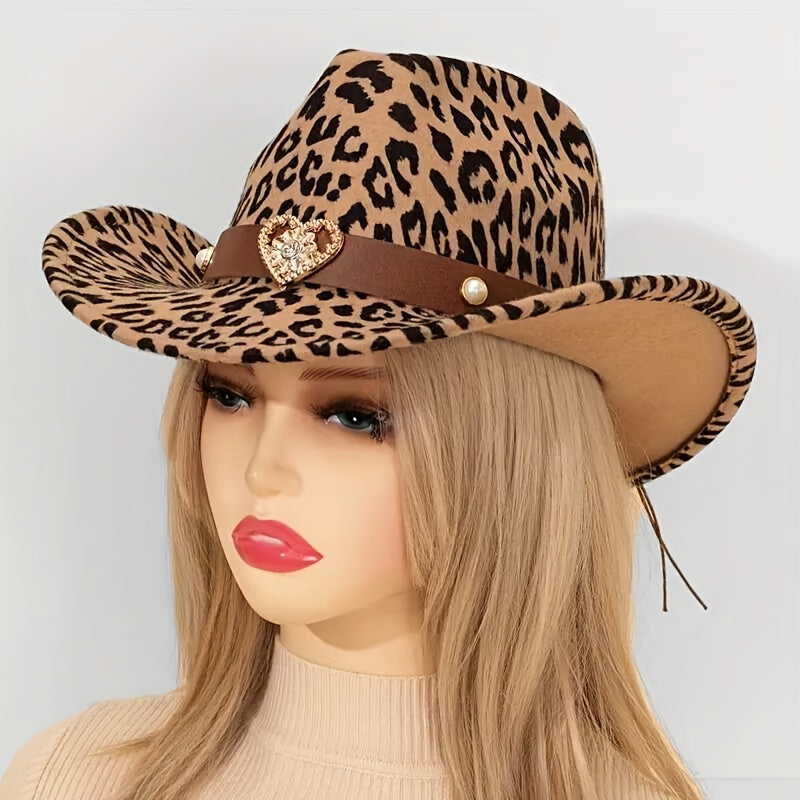 Leopard Print Western Cowboy Hat with Detachable Heart-Shaped Decorative Band - Lightweight Felt Material, Adjustable Drawstring Closure, Black & Brown Animal Print Design for Outdoor, Christmas, Thanksgiving, Kwanzaa - Unise