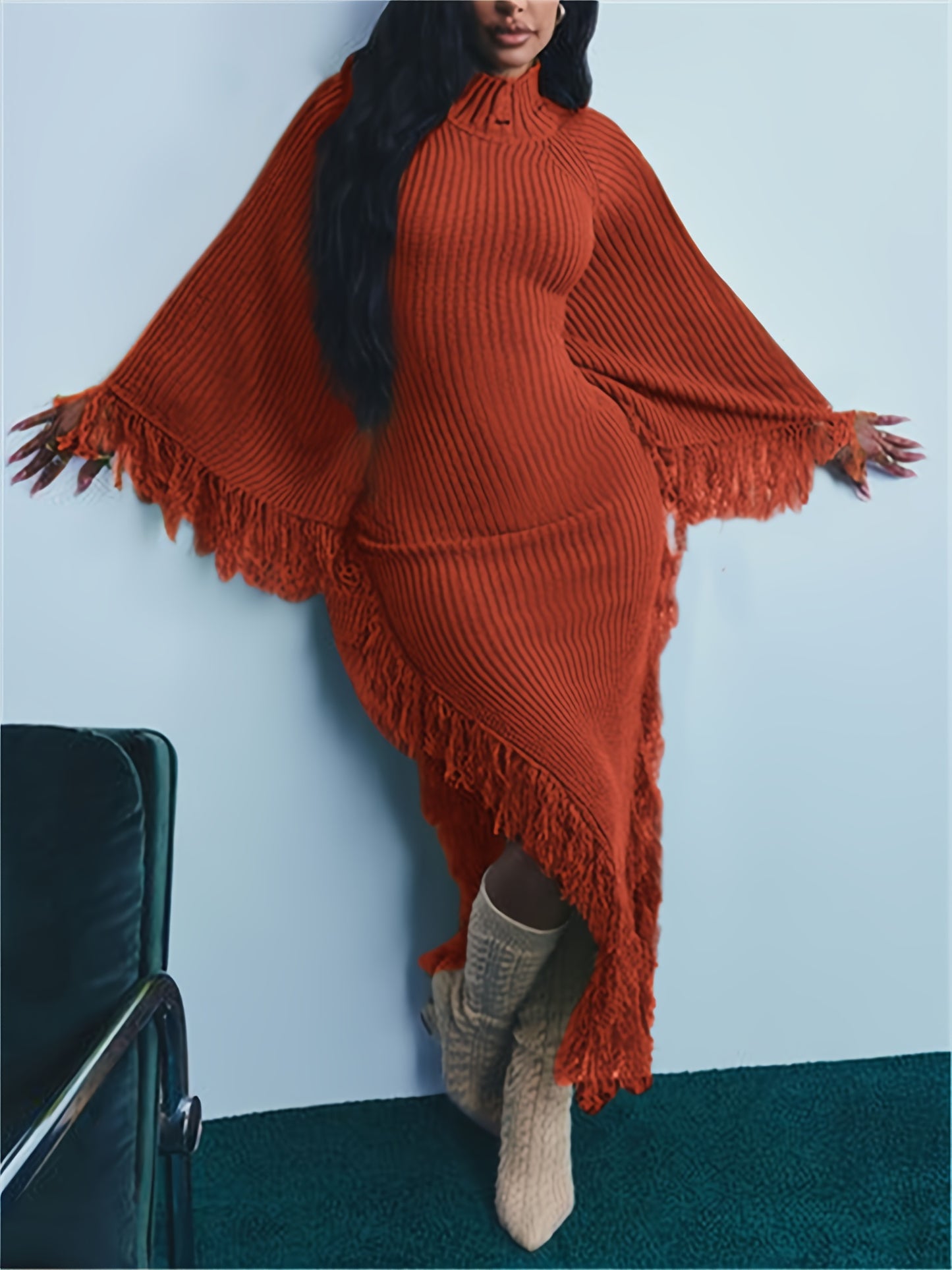 Fringe Trim Sweater Dress For Women, Batwing Long Sleeve High Neck Maxi Dress With Asymmetrical Hem, Sexy And Chic Style, For Fall Winter