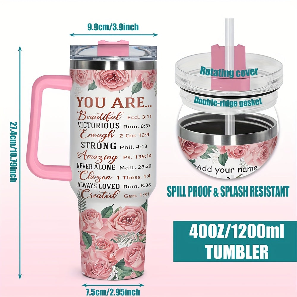 1pc RZUIYTE Personalized 40oz Stainless Steel Tumbler with Lid – Custom Name, Insulated & Durable, Floral Design, Ideal Gift for Birthdays, Holidays, Special Occasions, Christian Themed Gift|Vibrant Pink Handle|Durable Drin