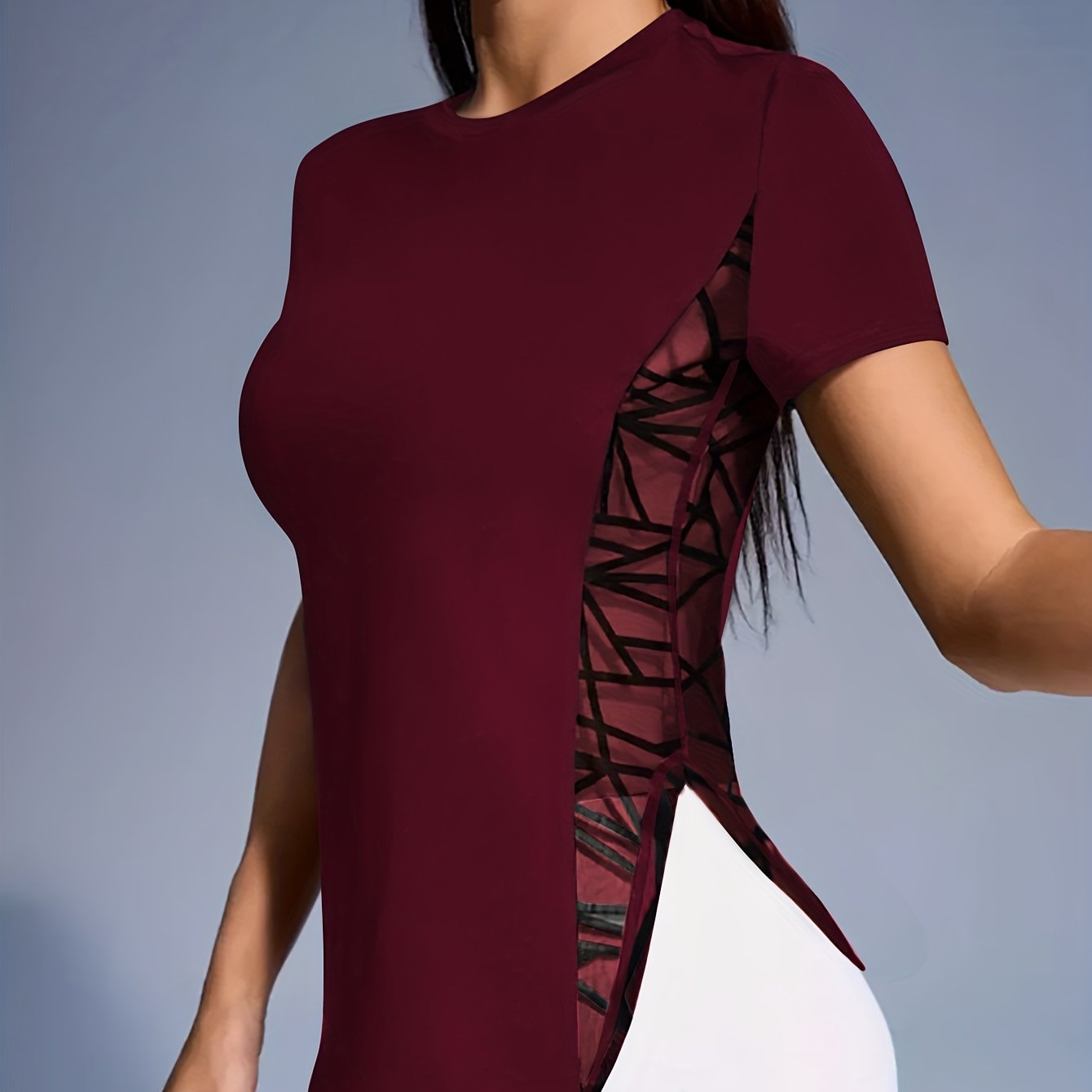 Women'S Slim Fit Short Sleeve T-Shirt with Side Mesh Panel Detail - Breathable Round Neck Top for, Casual & Party Wear, Spring/Summer Elegant Solid Color Tee, Machine Washable, Clothes, Apparel, Stylish Contrast Detailing, Co