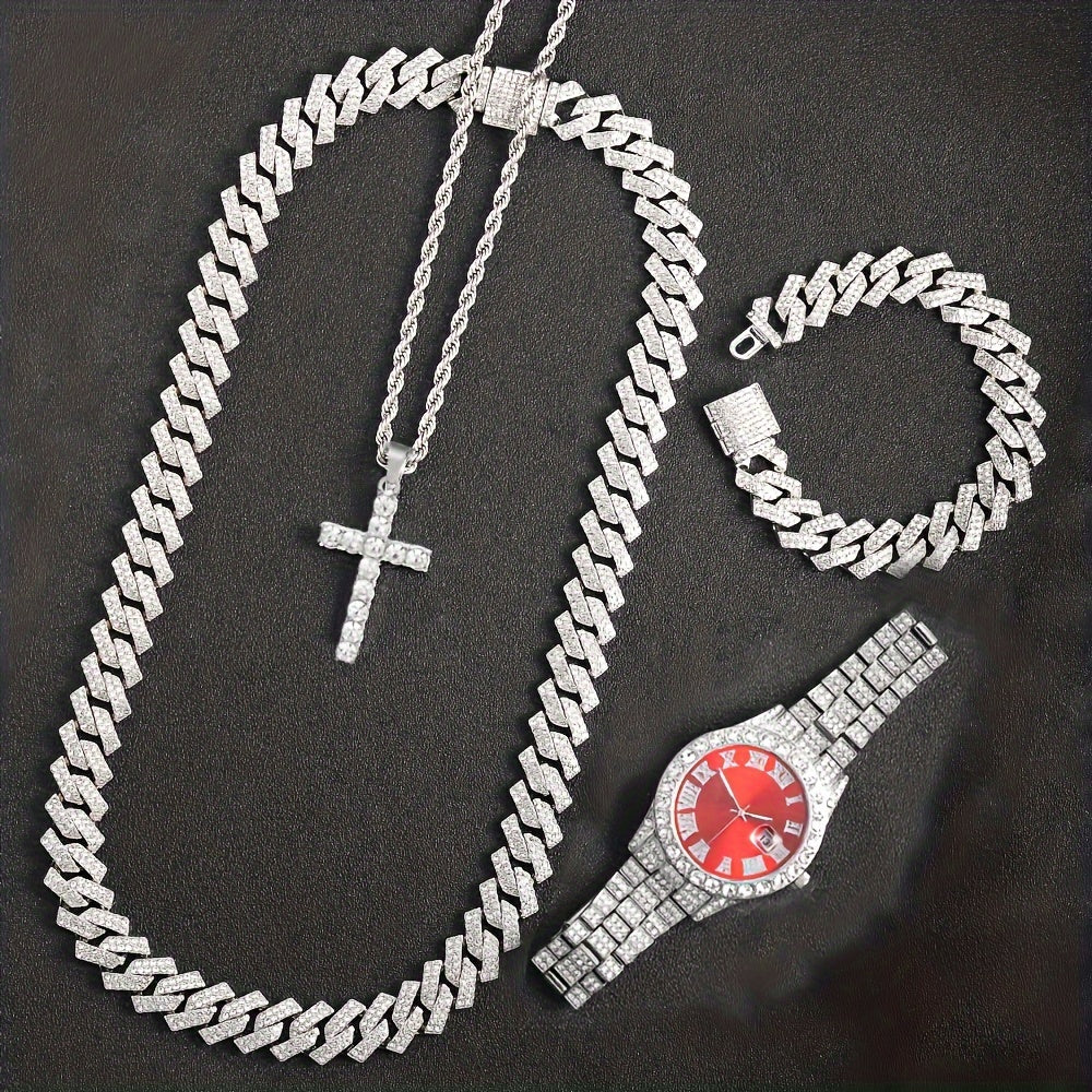 4pcs/set, Men's Rhinestone Wrist Watch & Cross Pendent Jewelry Set, For Men/Women