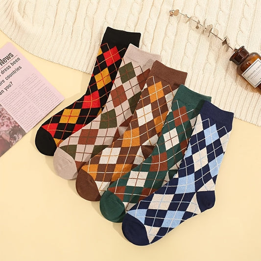 5 Pairs Of Diamond Grid Pile Retro British Style Mid Tube Trendy Long Socks