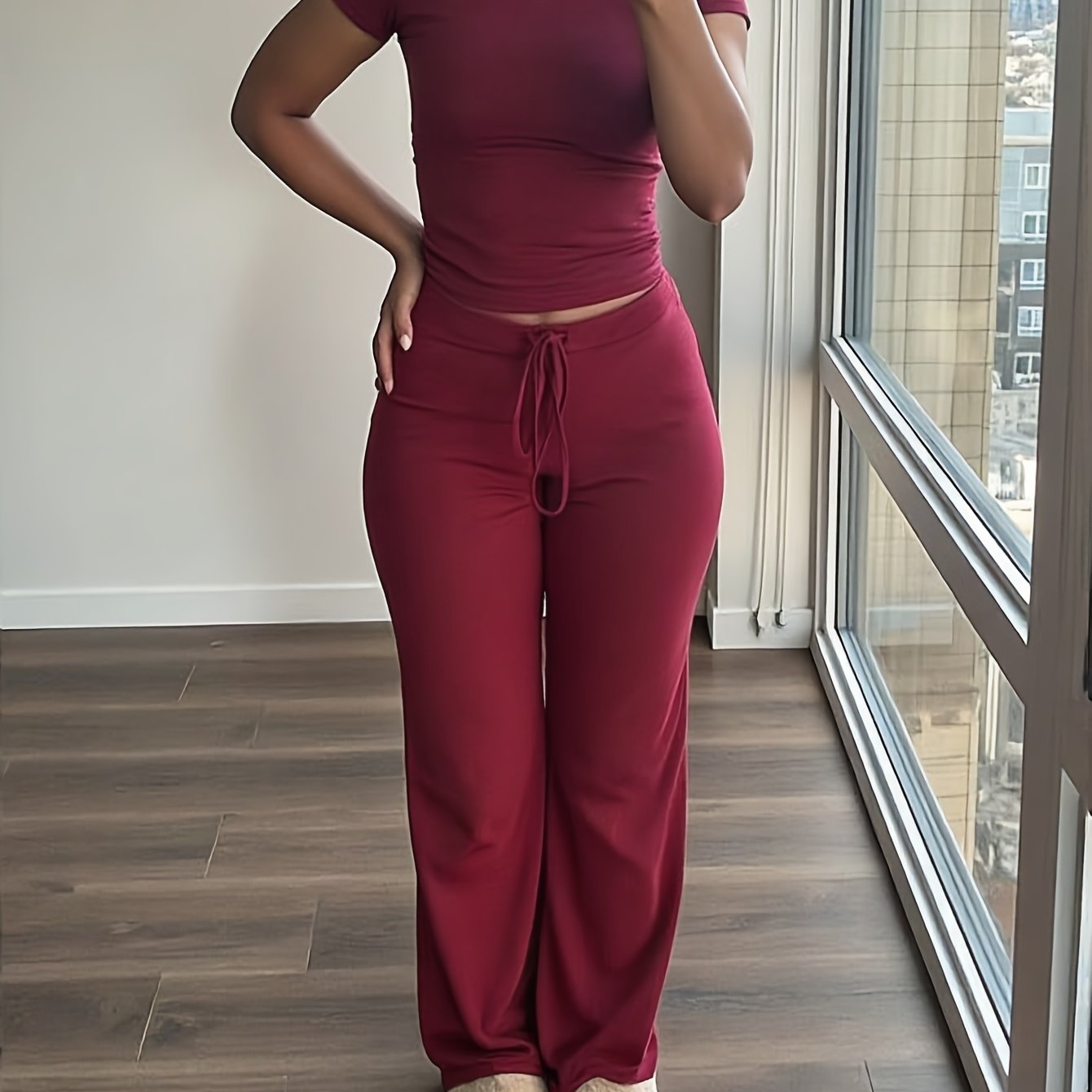 Maroon Women's Two-Piece Set: Short Sleeve Crop Top & High-Waisted Wide-Leg Pants - Cozy Fleece Loungewear with Drawstring Waist, Soft & Comfortable for Casual Home Wear, All-Season Wear, Loungewear Set|Casual Style|Soft Flee