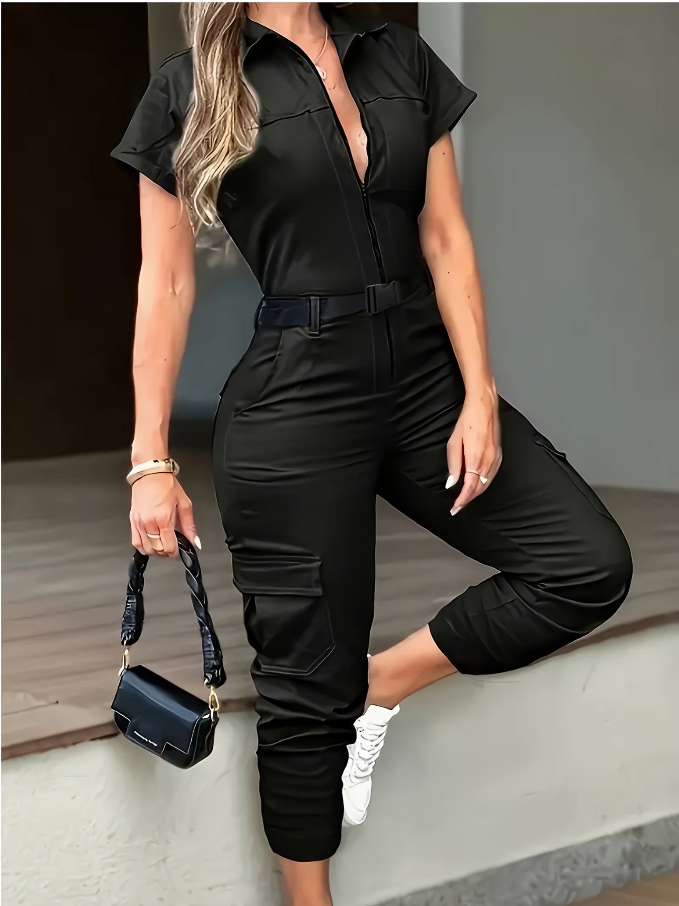 Ladies fashion zipper overalls suit with belt