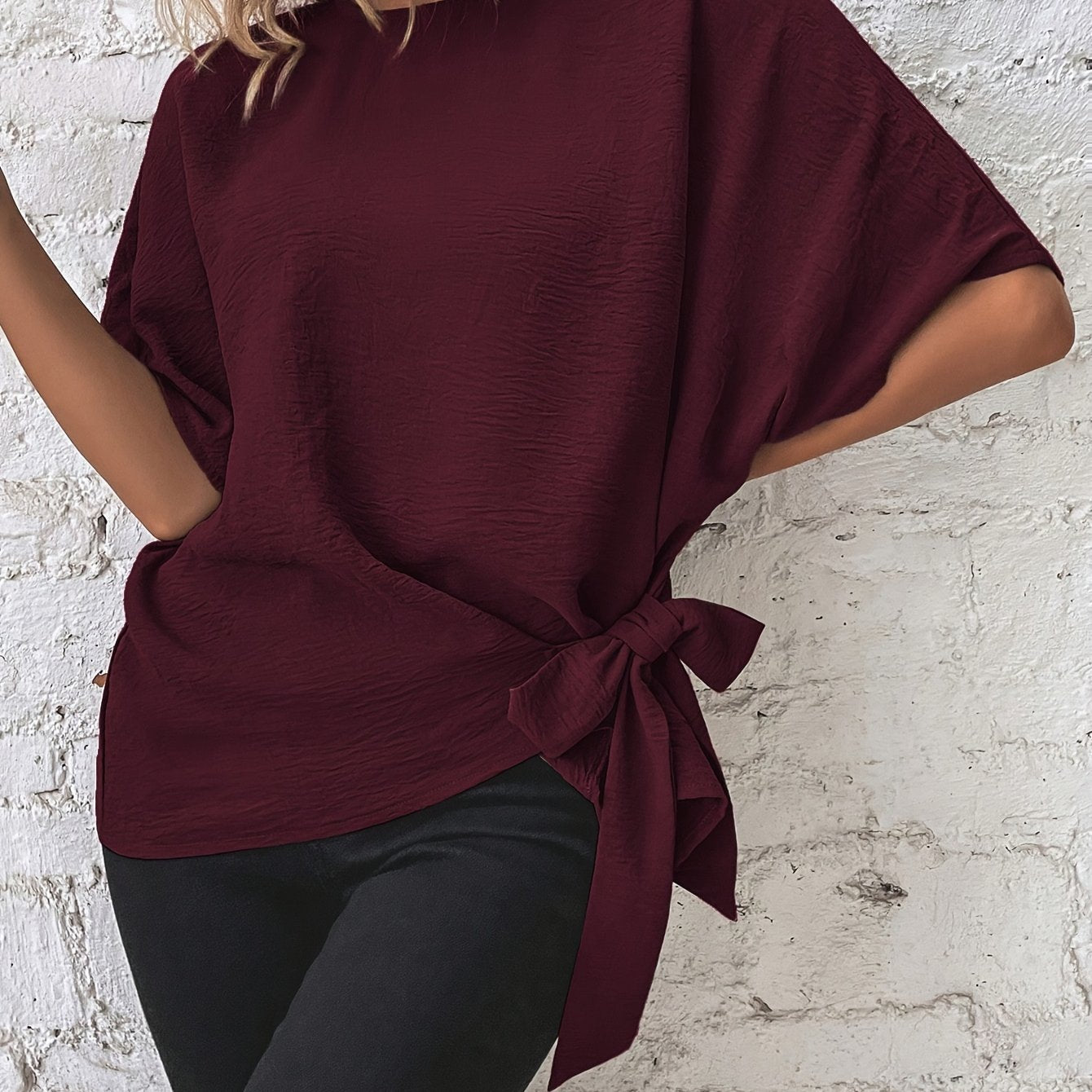 [Burgundy Casual Shirt] Burgundy Women's Casual Shirt | Batwing Sleeve, Side Knot Detail, Round Neck, Solid Color, Machine Washable, Regular Fit