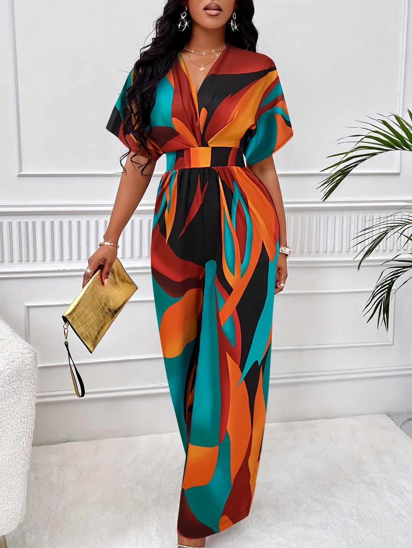 [Vibrant Jumpsuit] Vibrant Geometric Women's Jumpsuit - V-Neck, Polyester, Batwing Sleeves, Tie Waist, Machine Washable, Perfect for All Seasons