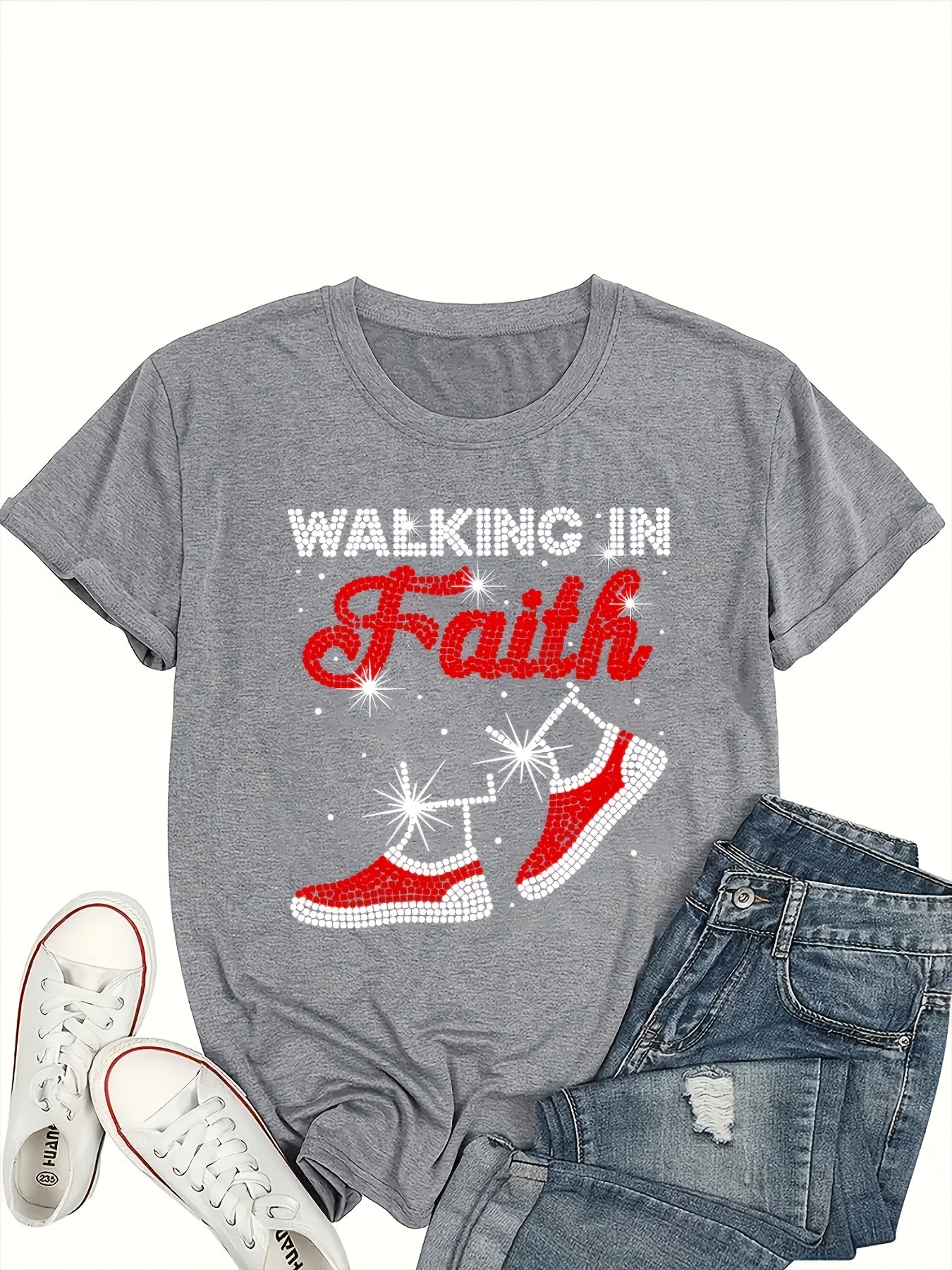 [Sparkling Inspirational Letter Print Tee] Dazzle Casual, Sparkling Rhinestone Letter Print T-Shirt for Women - Casual Crew Neck, Short Sleeve, Inspirational Faith Graphic Tee