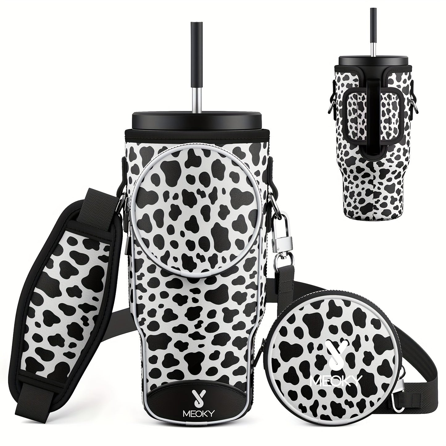 Meoky 1pc Water Bottle Carrier Bag With Phone Pocket For 40 Oz Tumbler With Handle, Neoprene Water Bottle Holder Pouch With Adjustable Strap, 2 Carabiner Clips