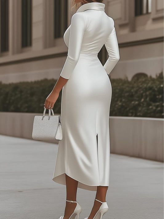 White Satin Deep V - neck Dress, Autumn & Winter Mid - sleeve High - waist Style, Asymmetric Hem, Suitable for Workplace Commute & Dinners