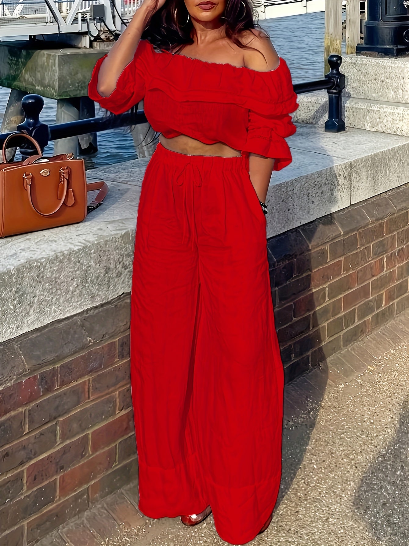 New Elegant Style Products In 2025, 2pcs Set Of Casual And Elegant Clothes For Women, Suitable For All Seasons To Wear, One-shoulder Off-shoulder Solid Color Top And Strap-on Straight-leg Pants Suit