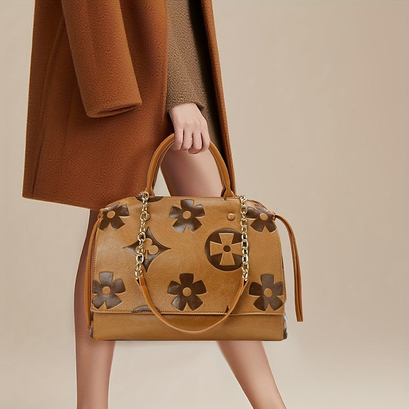 [Elegant Floral Tote Bag] IVKMIVK Women's Floral Embossed Tote Bag - Elegant Synthetic Faux Leather with Golden-Tone Hardware, Large Capacity, Perfect for Daily Commute, Office, and Travel | Floral Embossed Design | Office To