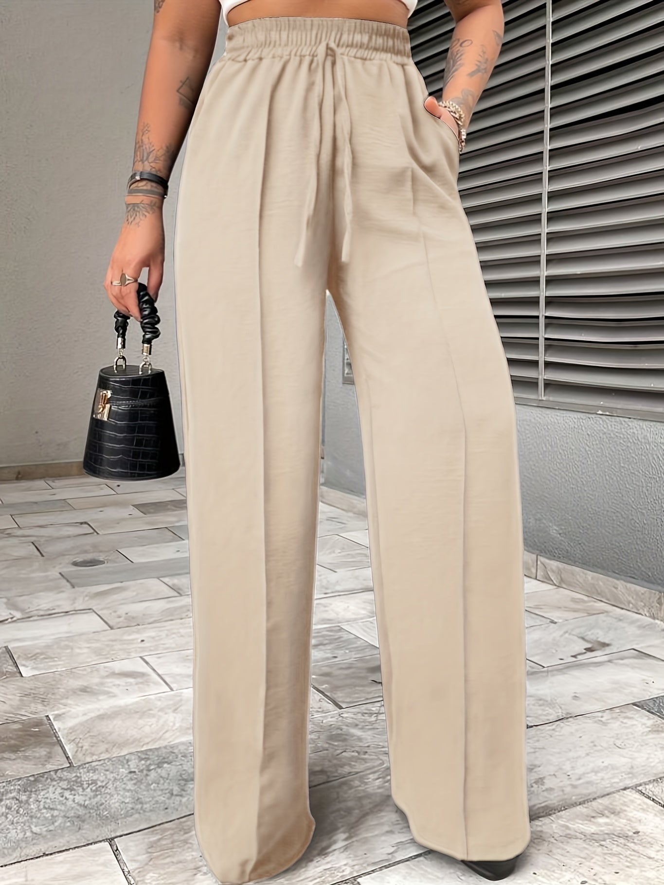 Elegant Middle-Eastern Polyester Straight Leg Pants 95% Polyester 5% Elastane Solid Color with Faux Drawstring Detail Spring/Fall Collection for Women - Woven Fabric, Comfort Fit Lounge Trousers with Pockets