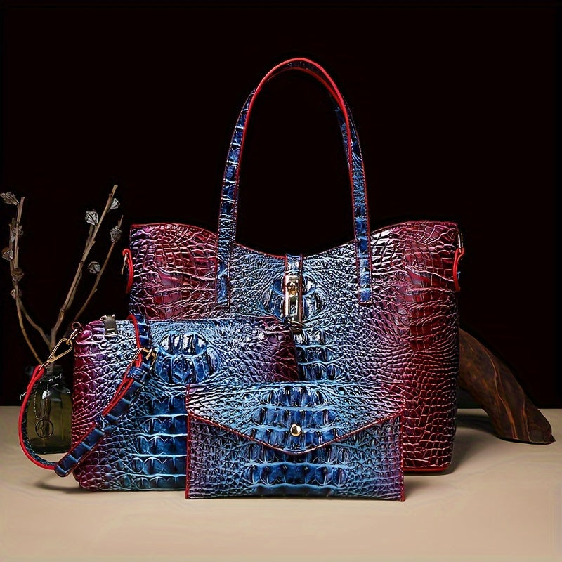 3pcs Set: Colorful Crocodile Pattern Large Capacity Faux Leather Tote & Crossbody Bags With Matching Wallet Combo, Christmas, Mother'S Day Gifts, Halloween Gifts