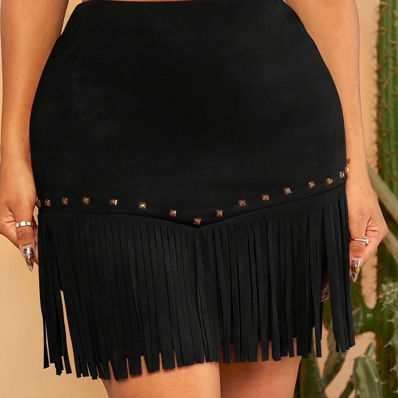 Studded Detail Tassel Hem Bodycon Skirt, Elegant High Waist Mini Skirt For Spring & Summer, Women's Clothing