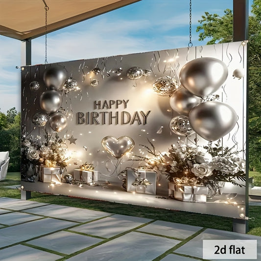 1pc Of 2D Flat Happy Background Decoration Set, Silver And White Balloons With Gifts For Birthday Party Celebration Decoration, Suitable For 16th, 18th, 21st, 30th, 40th, 50th, 60th Birthday Parties 100% Polyester | 2D Flat