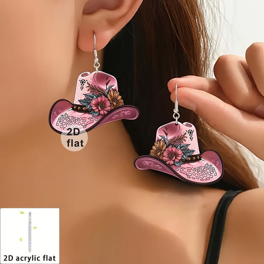 2D Flat, [2D Flat] Pair of 2D Acrylic Cowboy Hat Dangle Earrings - Western Theme Cartoonish Floral Design, Mixed Colors Lightweight Everyday Jewelry, Flat Backing for Secure Fit, All-Season Gift for Women, Western Earrings, 2