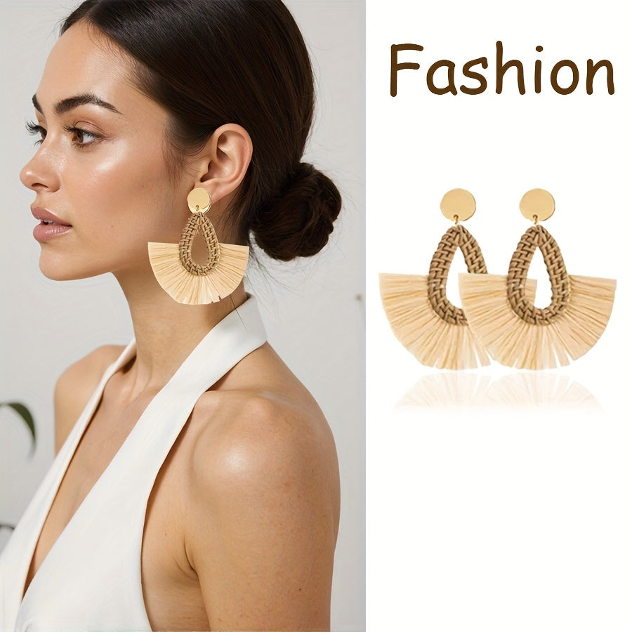 3pcs Women'S Beach Fashion Set, Sun Hat, Beach Hat, Beach Bag, Handbag, Earrings, Ear Jewelry, Women's, Suitable For Outdoor Beach Travel Scenarios.