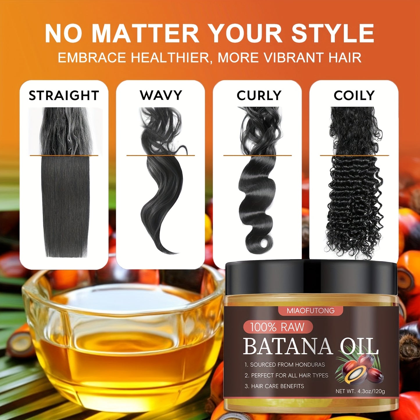 Miaofutong 100% Raw Batana Oil - Moisturizing & Smoothing Hair Treatment for Dry, Damaged Hair - Scalp Nourishment, Suitable for All Hair Types - 4.3oz/120g, Hair Treatment Oils