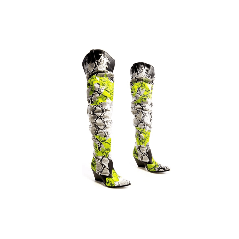 HILDA Colorful Snakeskin Over-the-Knee Boots – Chunky Low Heel Western Style
