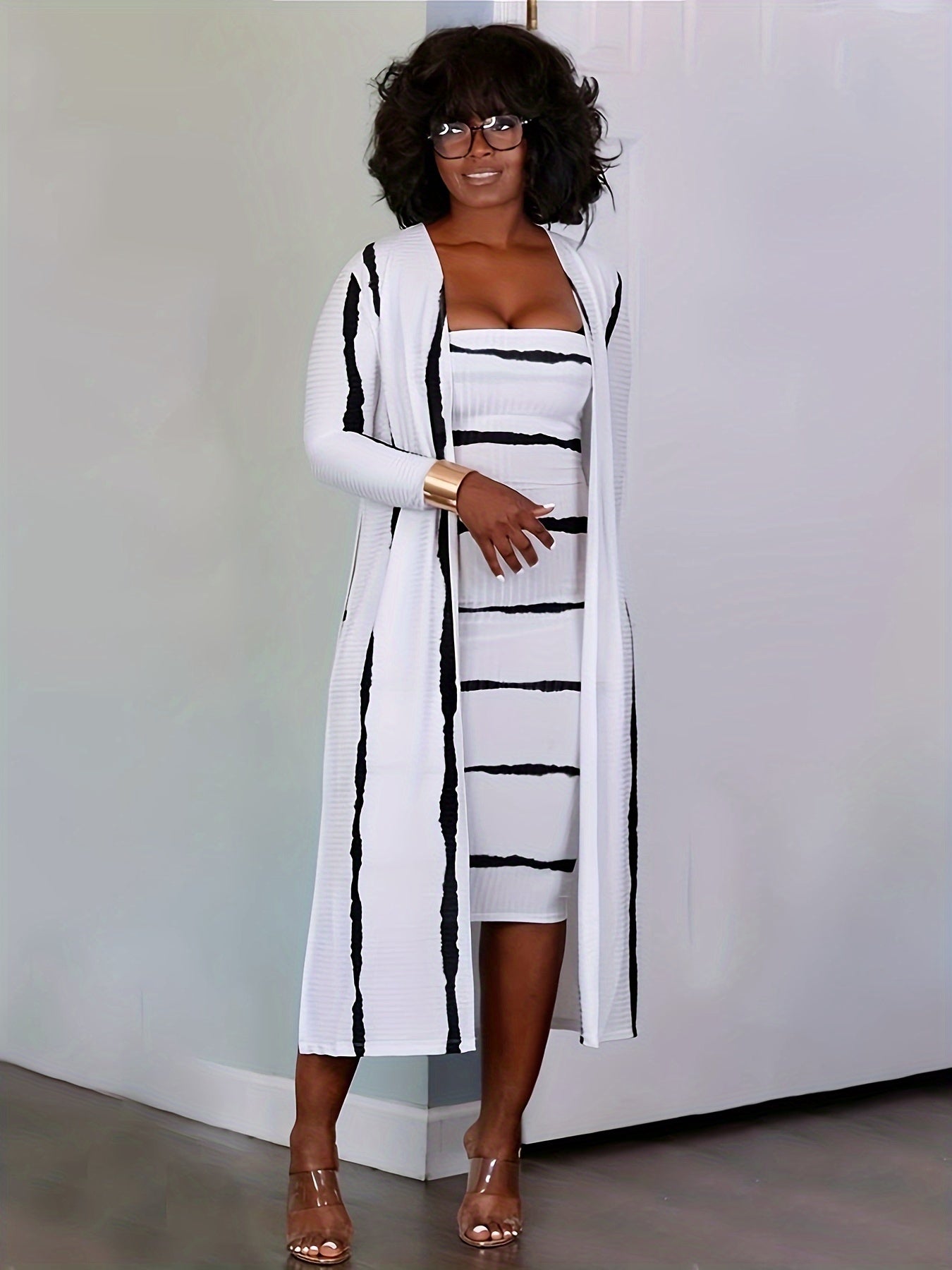 Striped Matching Two-piece Set, Casual Long Sleeve Open Front Split Cardigan & Slim Ribbed Midi Tube Dress Outfits, Women's Clothing