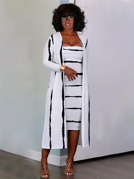 Striped Matching Two-piece Set, Casual Long Sleeve Open Front Split Cardigan & Slim Ribbed Midi Tube Dress Outfits, Women's Clothing