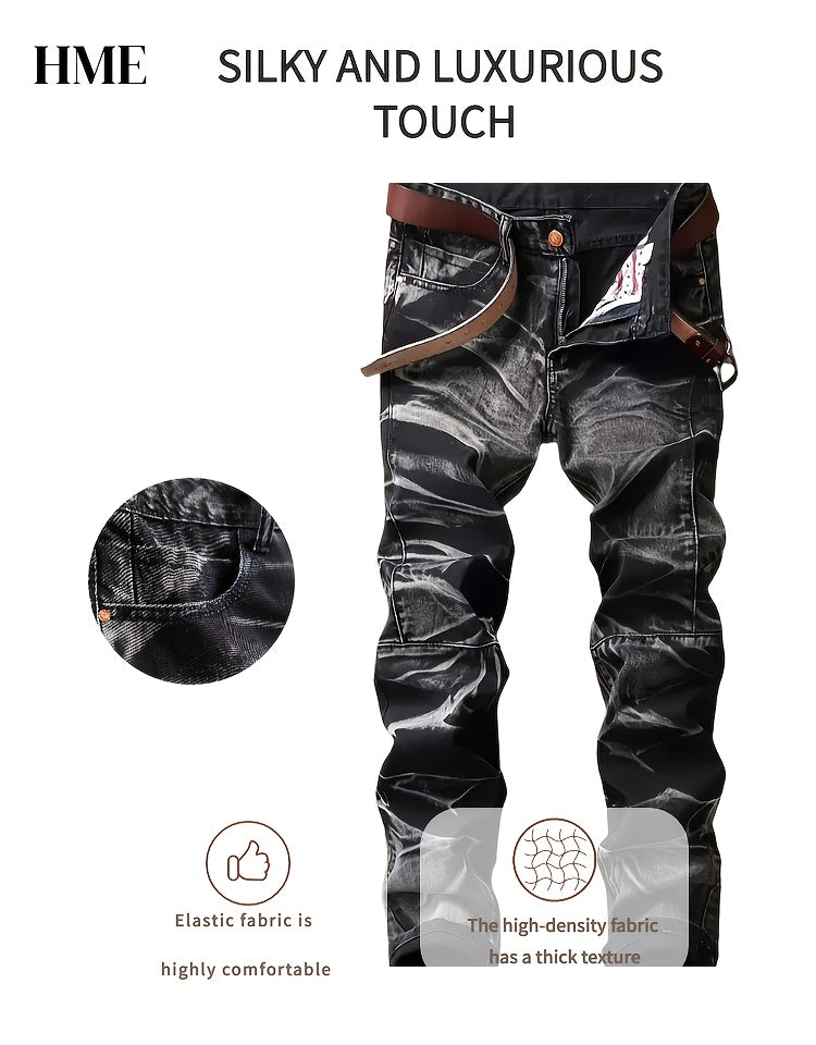 HME Men's Stretch Jeans - Mid-Rise Slim Straight Leg with Tie-Dye Black/White Pattern, Built-in YKK Zipper Closure, Machine Washable Denim Pants for Everyday & Formal Wear - Streetwear Essentials, Versatile Clothing, Vintage