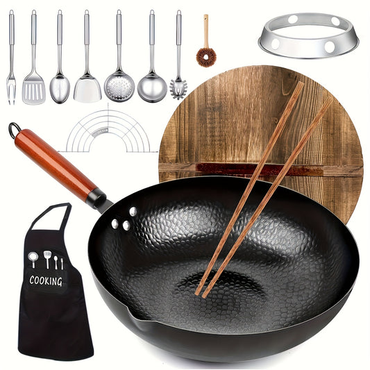 1set Wok With Lid - Nonstick, Cast Iron Cookware Frying Pan 12.6 Inches With 13 Cookware Accessories, Frying Pan Flat Bottomed Carbon Steel Wok Suitable For All Stoves, Kitchen Utensils, Kitchen Tools, Kitchen Accessory, Kitc