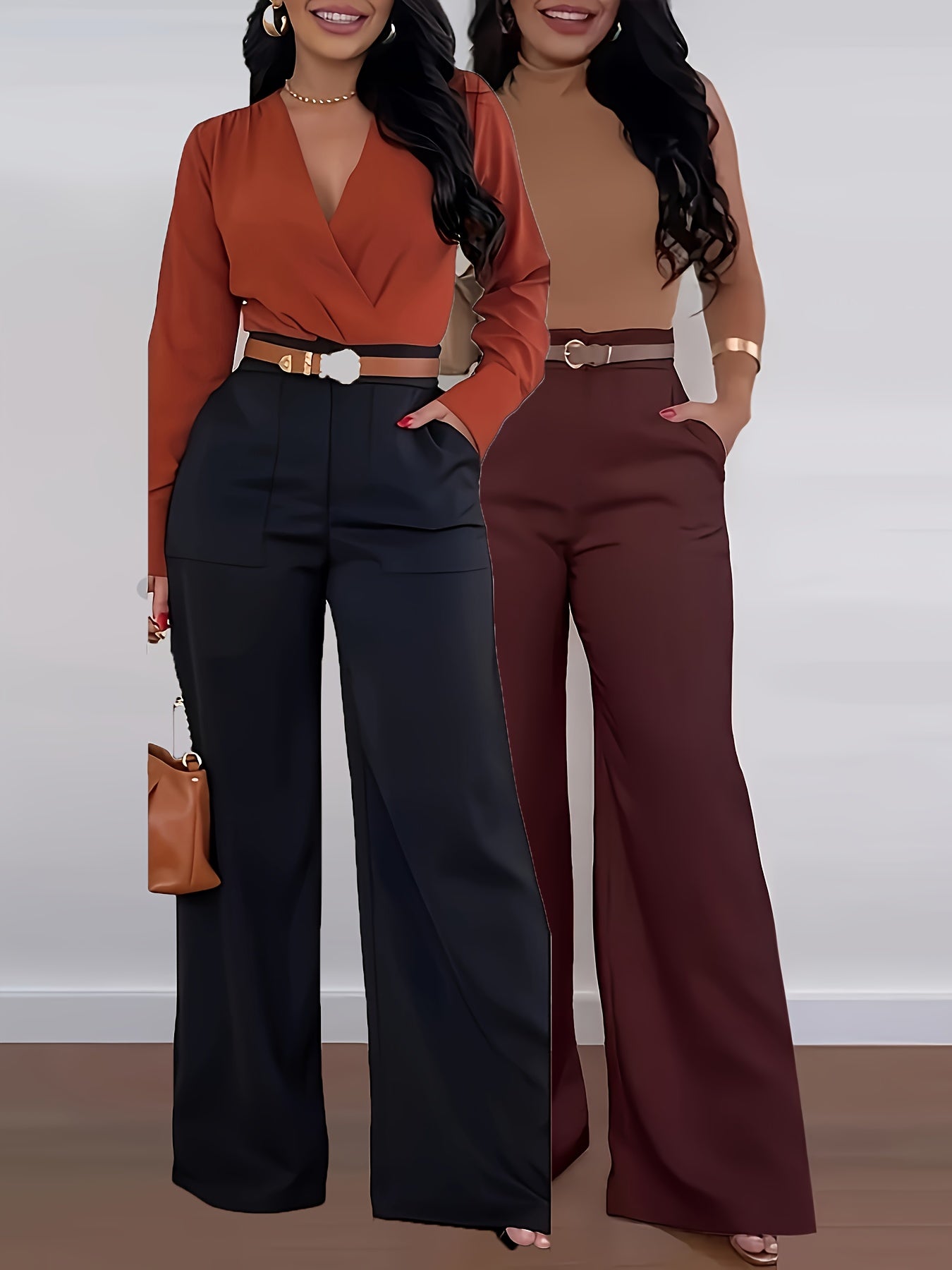 Two-Pack Women's Elegant Straight Leg Work Pants with Large Side Bags, Wide Leg Pants for Women High Waist, Extra Long Pants, High Waist Trouser Pants for Women, Stretch Straight Leg Pants for Women, Leg Pants for Women