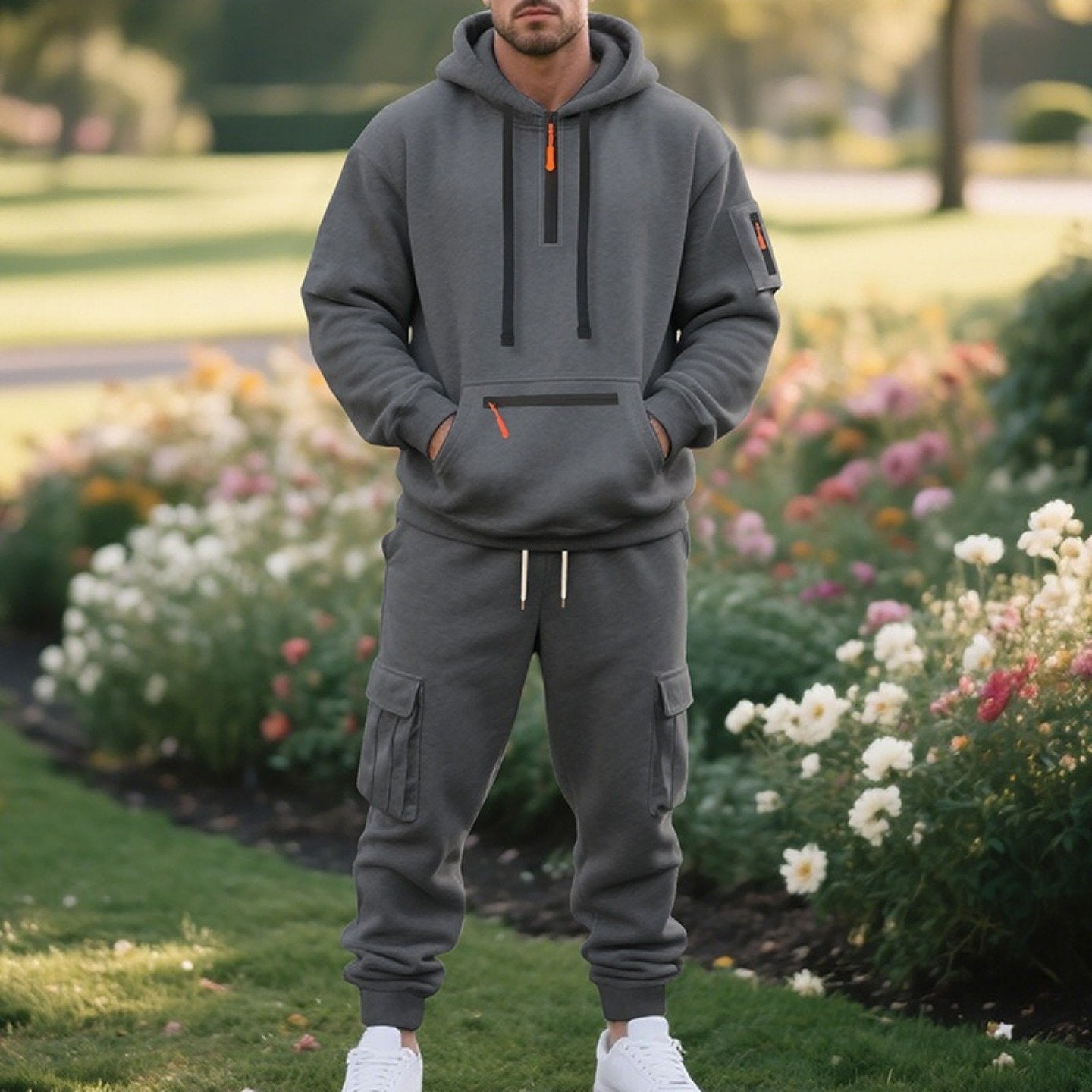 1 Set 2pcs Men's Athletic Casual Tracksuit - Fleece Lined Hooded Long Sleeve Pullover Sweatshirt & Pocketed Sports Pants, Warm Fleece Lining with Breathable Fabric, Perfect for Daily Wear, Outdoor Activities, Home Leisure - M