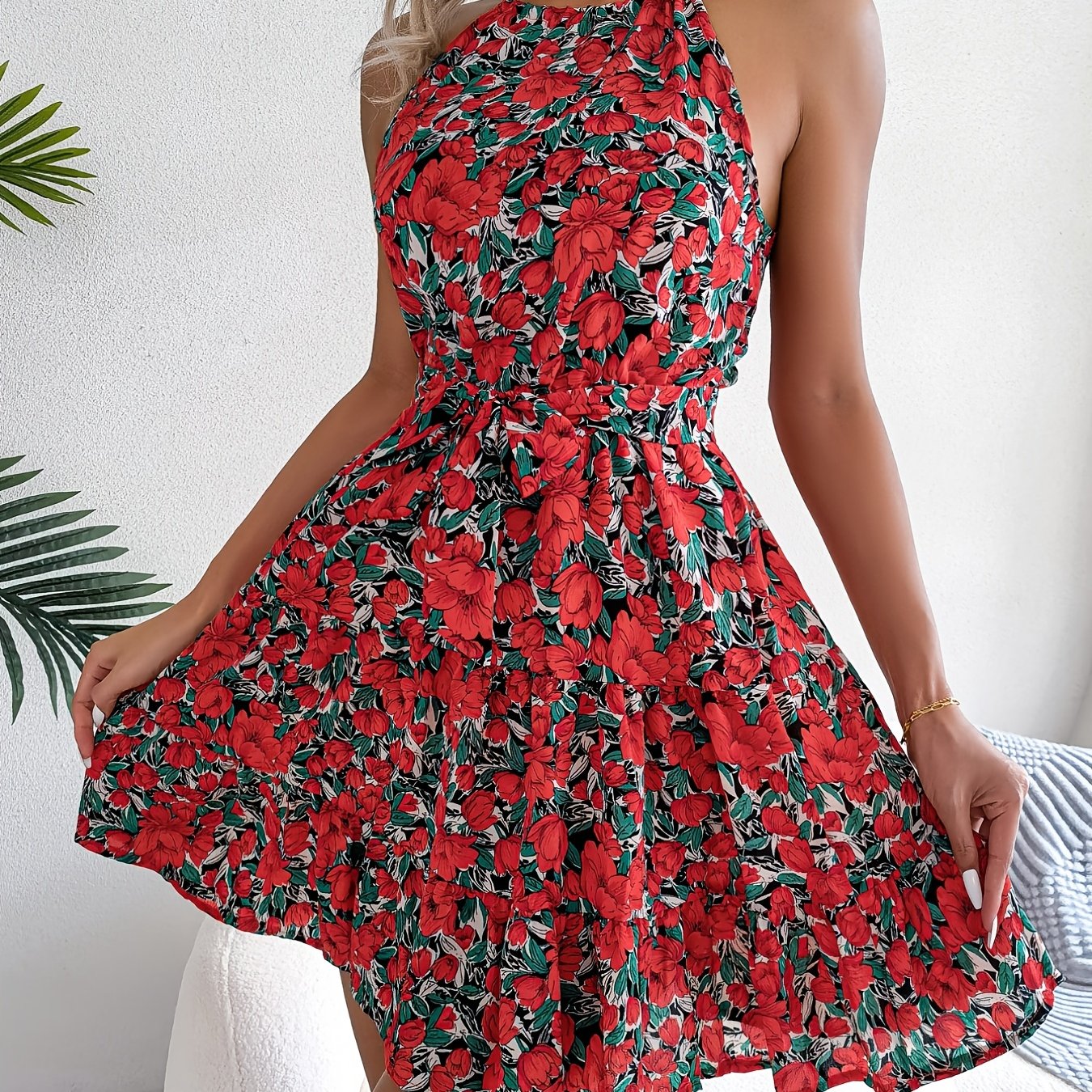 [Summer Floral Belted Beach Dress] Floral Print Belted Beach Dress, Sleeveless Casual Vacation Dress For Summer & Spring, Women's Clothing