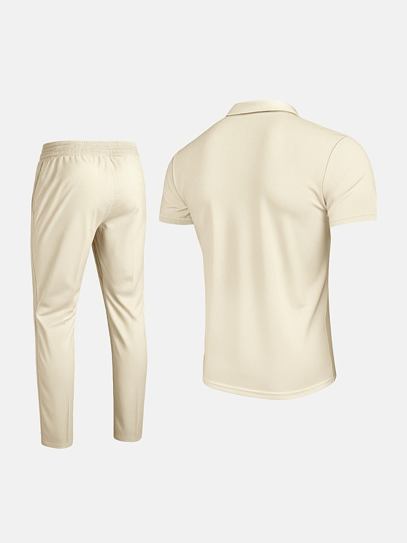 Men's Waffle Texture Lapel Shirt And Pants Set - Polyester Short Sleeved Shirt, Zipper Access, Elastic Drawstring Waist Straight Leg Pants 5 Colors Suitable For Spring, Summer, Autumn, Beach, Outdoor Activities, Daily Wear, S