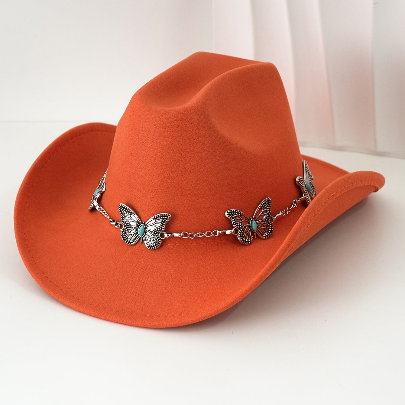 [Western Cowgirl Hat] 1pc Western Cowgirl Hat | Lightweight, Polyester, Woven, Fedora Style with Silvery Metal Butterfly, Ideal for Western Themed Events & Grassland Music Festivals