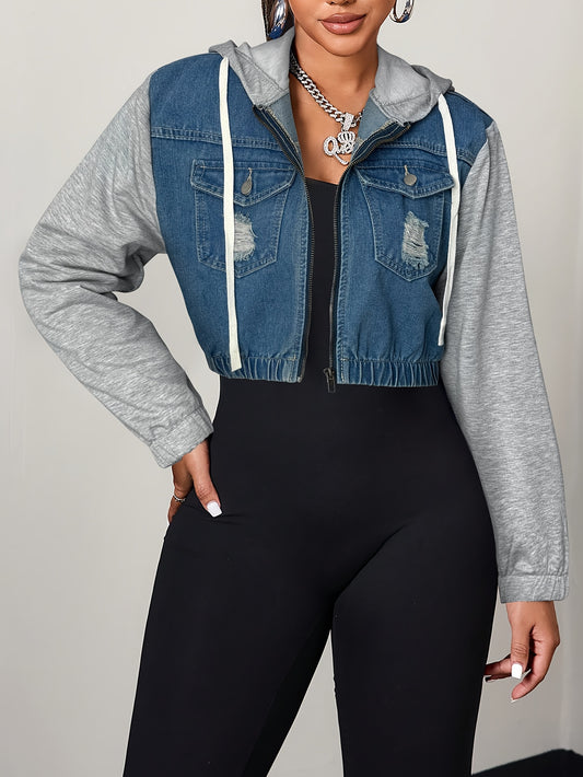 Women's 2-in-1 Zip-Up Hooded Jacket & Vest-like Coat - Ripped Denim Patchwork with Contrast Collar, Full-Zip Front & Flap Pockets - All-Season Streetwear Coat (Hand Washable) - Short Crop Outerwear for Jeans or Dresses