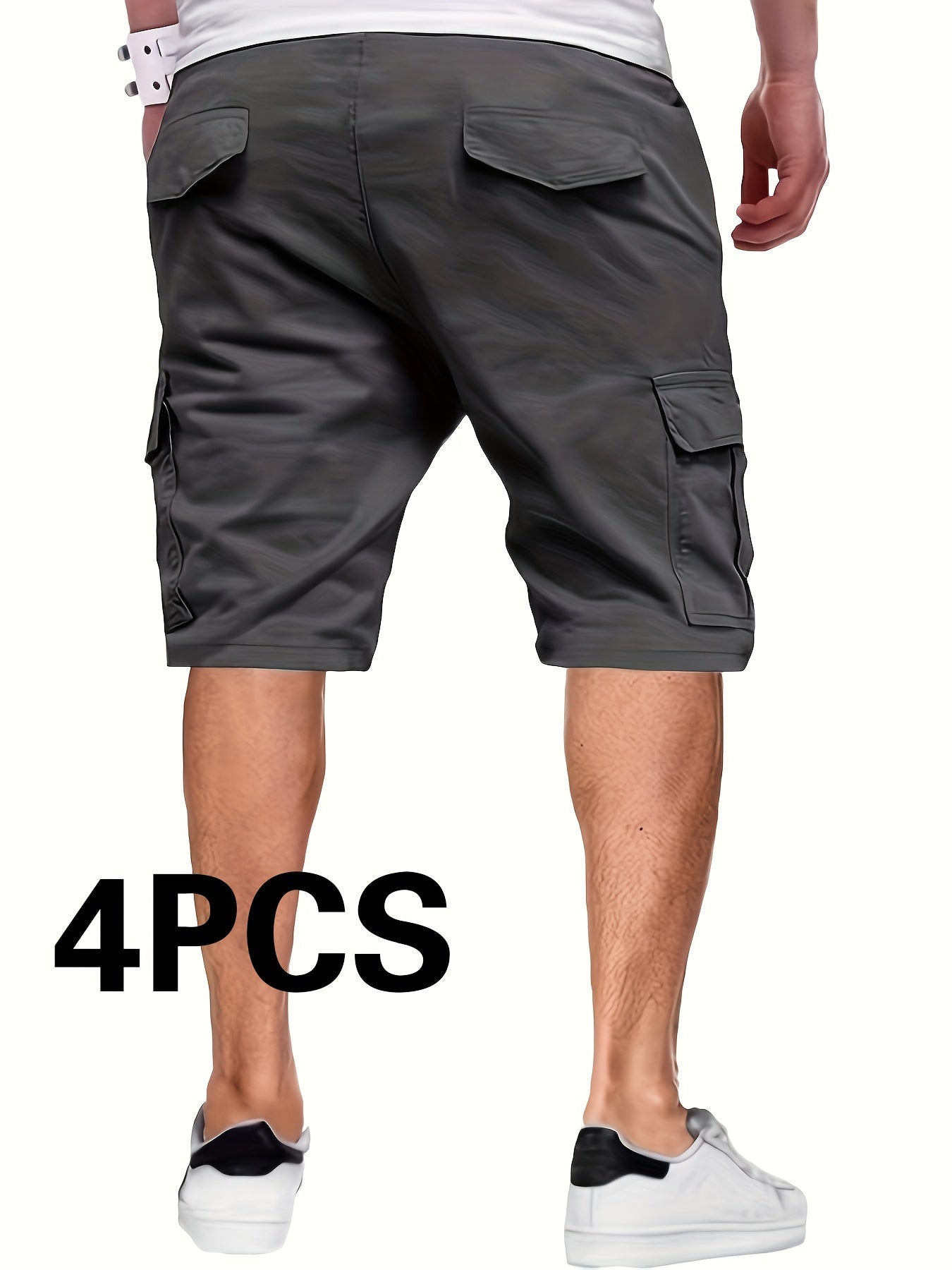 [Solid Color Cargo Shorts] 4-Pack Men's Casual Cargo Shorts - Solid Color, 100% Polyester, Non-Stretch Woven Fabric, Loose Fit, 135g/m², Summer Fashion