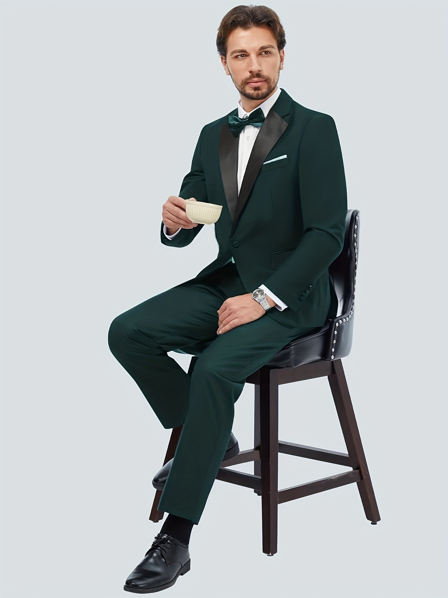 Men'S Slim Fit 2pcs Tuxedo Suit, One-Button Blazer & Pants Set With Bow Tie For Wedding, Prom, And Formal Events