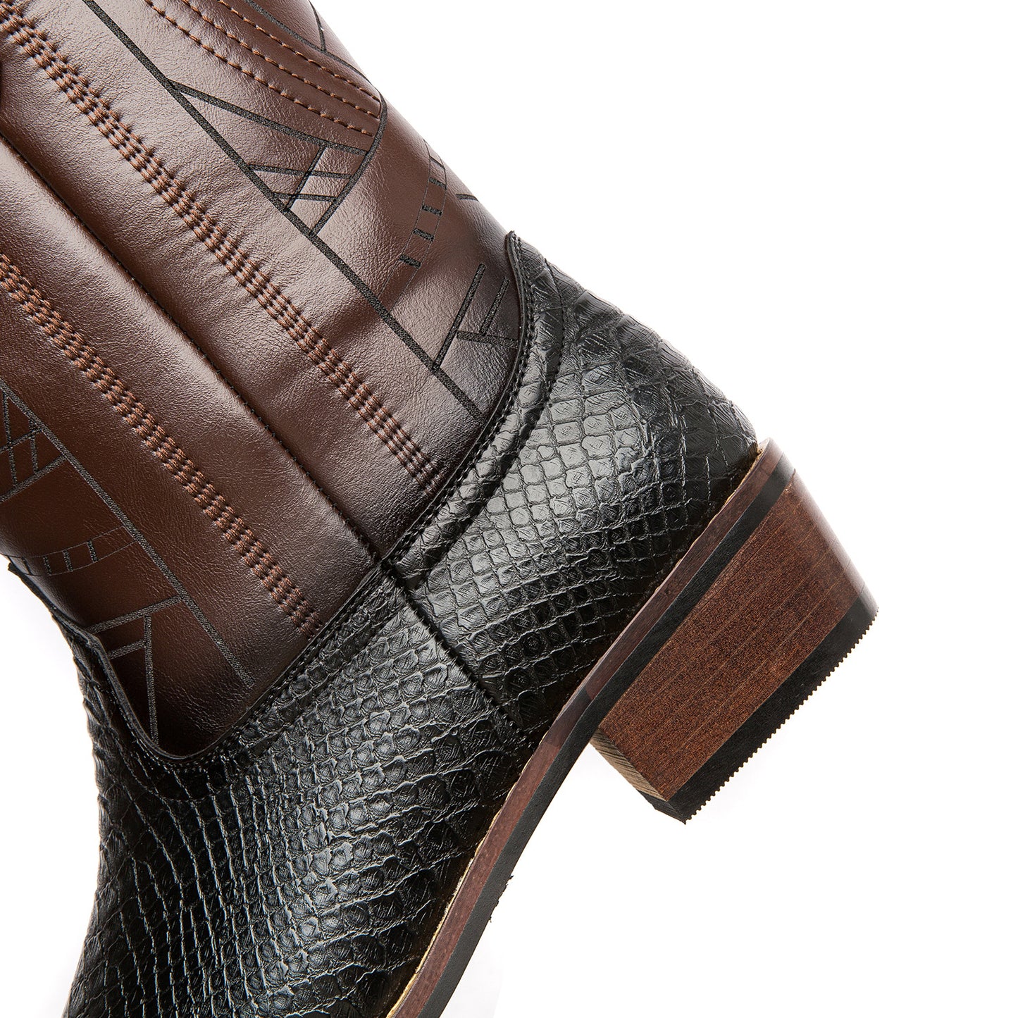 Men's Western Cowboy Boots with Imitation Snake Pattern & Wooden Heel Sole - Slip-Resistant High Heel, Pointed Toe Long Boots for Men & Women, Rustic Brown Booties for Casual & Semi-Formal Outfits