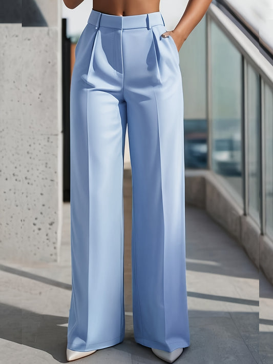 Women'S Light Blue Straight-Leg Casual Pants - High Waist, Flowy Design, Comfortable Polyester Blend for Casual Attire, Allseason Trousers | Straightleg Pants | Comfortable Fashion